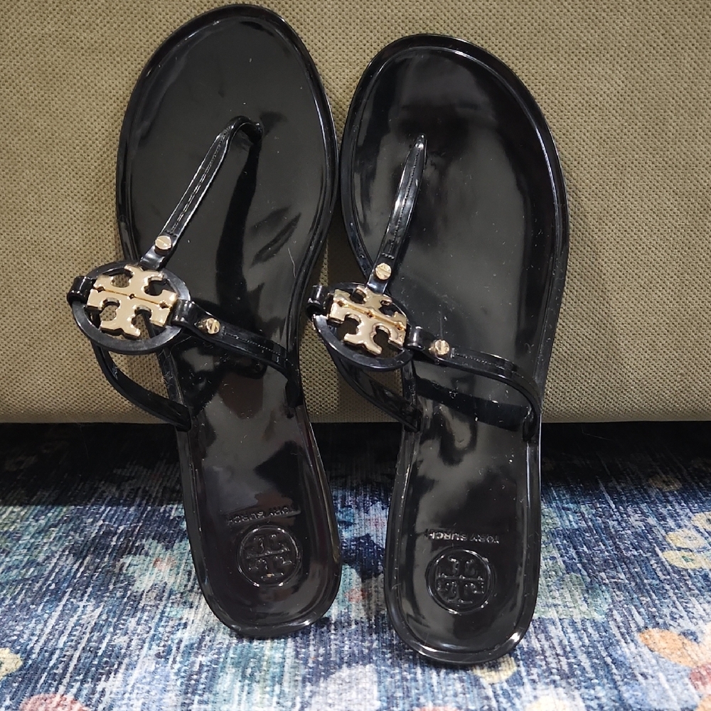 Tory Burch Black Sandals with Gold Logo